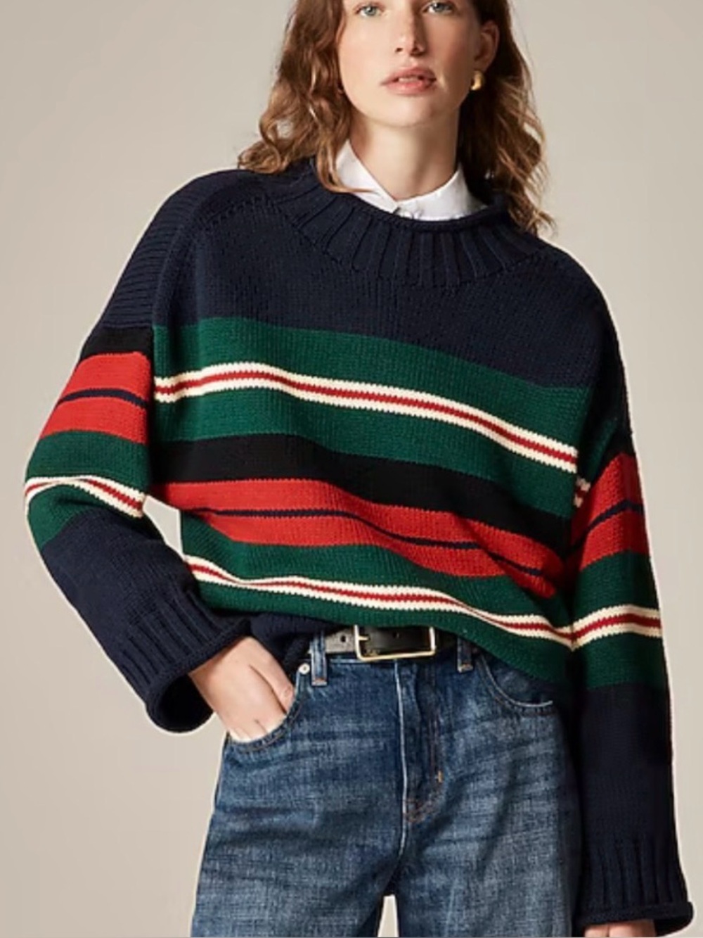J. Crew Rollneck Sweater 100% Cotton Blue White Rugby Stripe Fall 2025 Women’s M